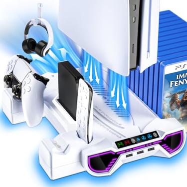 Imagem de Estação de resfriamento PS5/Slim/Pro com estação de carregamento de controle para console PlayStation 5 - suporte RGB PS5 com carregador de controle, kit de acessórios de suporte de resfriamento