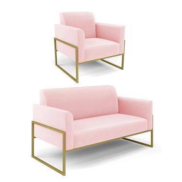 Imagem de Sofá Namoradeira com Poltrona Base Industrial Alta Dourado Marisa Suede Rosa Bebê D03 - D?Rossi
