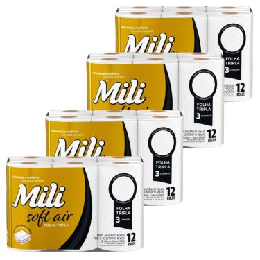 Imagem de Papel Higiênico Folha Tripla - 4 fardos c/ 12 rolos de 20m x10cm - Mili Soft Air (Total 48 rolos)