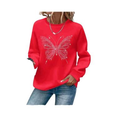 Imagem de Moletom Feminino Casual Com Estampa De Coração, Manga Longa, Gola Redo