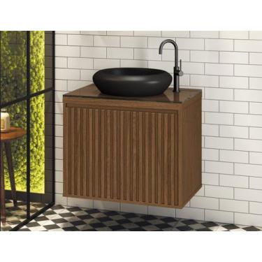 Imagem de Gabinete Para Banheiro Ripado 60 Freijo  C/ Cuba Preta - Astral Design