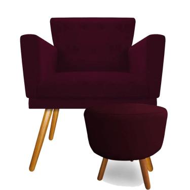 Imagem de Kit Poltrona Decorativa Aurora com Puff Redondo Pés Madeira Suede Marsala