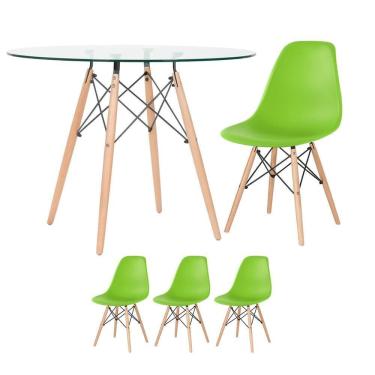 Imagem de Mesa Redonda Eames Com Tampo De Vidro 100 Cm + 3 Cadeiras Eiffel Dsw Verde Claro