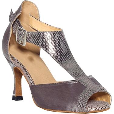 Imagem de Salabobo L029 Feminino Sexy Latin Tango Cha-cha Ballroom Festa de Casamento Formatura T-bar Peep Toe Salto Personalizado Cetim Sapatos de Dança, Cinza, 6.5 US(4IN)