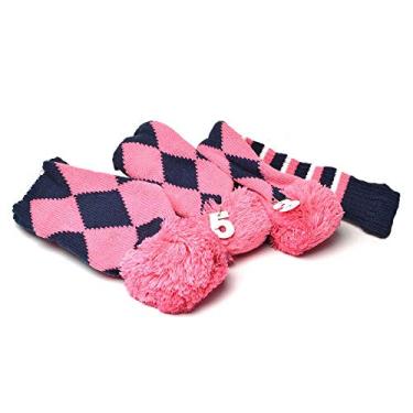 Imagem de Coberturas de cabeça de golfe PLUSKER para motorista e Fairway Woods Club com pompom de pescoço longo Proector de malha 3 peças/conjunto de capas de golfe para golfistas masculinos/femininas, Pink and Navy Blue