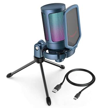 Imagem de FIFINE Microfone USB para PC com streaming de jogos para Mac OS/Windows, microfone cardioide condensador com RGB para gravação de vídeo vocal Twitch Discord, computador gamer microfone azul-A6B