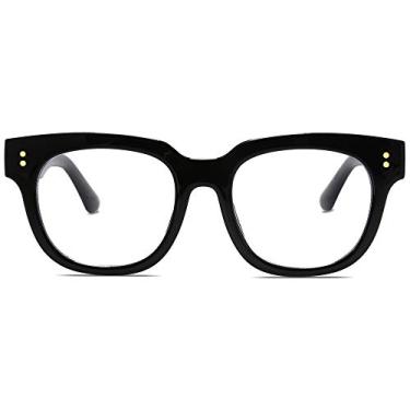 Imagem de SOJOS Óculos quadrados, grandes e anti azul, com bloqueio de luz para mulheres, óculos de computador espessos com dois parafusos de metal SJ5053, C1 Black Frame, Oversized