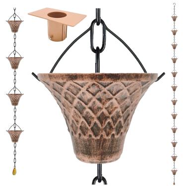 Imagem de Correntes de chuva banhadas a cobre de 2 metros para drenagem através de bicos e barril de chuva | Corrente de chuva de ferro banhado resistente à ferrugem | Corrente preta grossa de qualidade premium | Adaptador de corrente de chuva de bônus