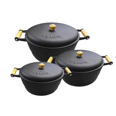 Imagem de Jogo 3 Panela Caçarola Ferro Com Alça Madeira Com Tampa Nº 2