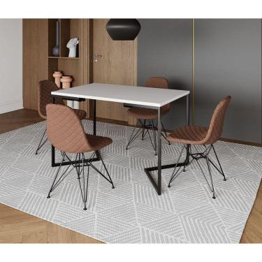 Imagem de Mesa Jantar Industrial Retangular Branca 120x75 Base V com 4 Cadeiras Estofadas Caramelo Aço Preto 