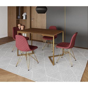 Imagem de Mesa Jantar Industrial Retangular Amêndoa 120x75 Base V com 4 Cadeiras Estofada Vermelha Aço Dourado