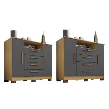 Imagem de Kit 02 Cômoda Rack Turim 2 Portas 4 Gavetas Carvalho Grafite Clique Chique