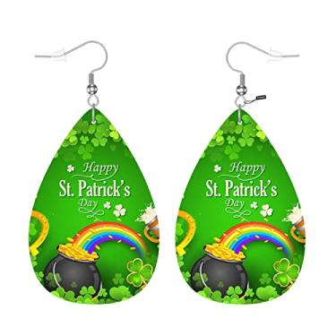 Imagem de Zokola Brincos de pote de moedas de São Patrício, trevos verdes, moedas douradas, brincos de couro de cervejas arco-íris para mulheres e meninas, brincos de folha leve com pingente de gota dupla face