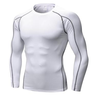 Imagem de WRAGCFM Camisetas de compressão masculinas de manga comprida para treino e corrida Cool Dry Sports Gym Camiseta de futebol, Branco, P