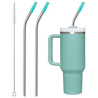 Imagem de Bluwing 2 Palhinhas de aço inoxidável com pontas de silicone para copo Stanley de 1,18 L, canudos de metal repetíveis de 1,134 g para copo Stanley Adventure Quencher de viagem, sem BPA (verde claro)