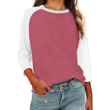 Imagem de Cnlinkco Camisetas femininas casuais manga 3/4 gola redonda patchwork blusas confortáveis bloco de cores bonitas, Vermelho, G