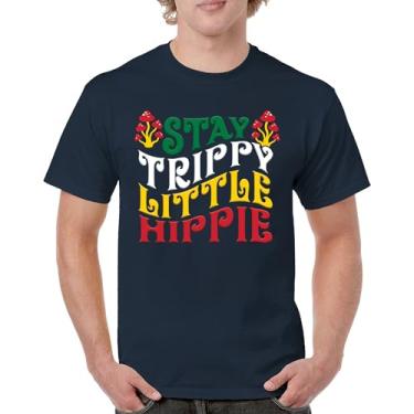 Imagem de Camiseta masculina Stay Trippy Little Hippie Puff Print Hippies Vintage Peace Love Happiness Retro 70s Cogumelos, Azul marinho, XXG