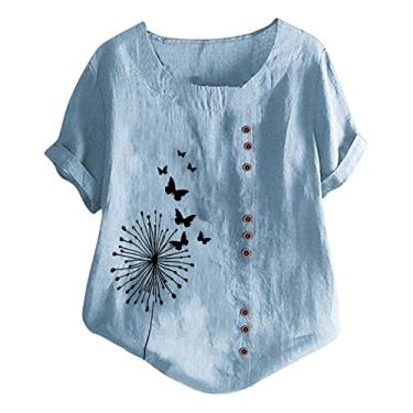 Imagem de Camisa feminina com botões de linho com estampa borboleta 2024 verão manga curta camisetas casuais blusas para sair, Azul, M