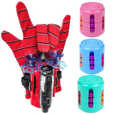Imagem de Kit Luva Aranha Lançador de Teia Dardos Menino Presente Criança 3 anos Fantasia infantil Herói Cosplay Spider + 3 Brinquedos Tiro ao Alvo Latinha Mágica Fidget Toy 3 em 1 Cilindro Magico Hand Spinner