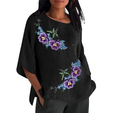 Imagem de Blusa feminina de linho Alzheimer, manga 3/4, roxa, estampa floral, camisetas grandes e soltas, E preto, G