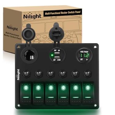 Imagem de Nilight - Painel de interruptor 90123F 6 Gang ON Off Rocker verde retroiluminado 12 V24 V LED digital voltímetro duplo carregador USB isqueiro soquete proteção contra sobrecarga painel interruptor para carros RVs barcos