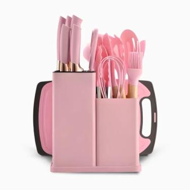 Imagem de Utensilios para Cozinha Silicone Kit com 19 Peças Cabo Madeira Conjunto Completo Espátula Concha Colher Jogo Suporte Faca Faqueiro Antiaderente Tabua Tesoura (ROSA)