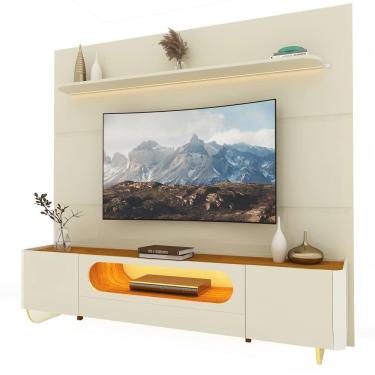 Imagem de Painel Gelius Royal e Rack Nobre com LED para TV de até 85 polegas largura de 220 cm pés de vidro OFF White/Naturalle