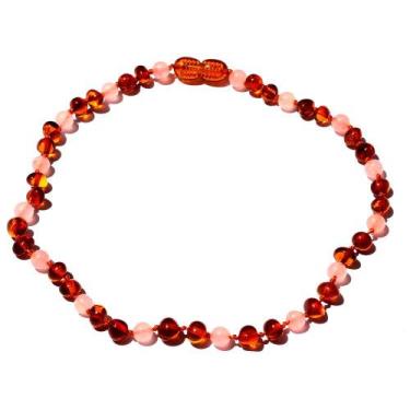 Imagem de Colar de Âmbar Báltico Mel Escuro Polido com Quartzo Rosa Polido para 