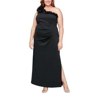 Imagem de S.L. Fashions Vestido feminino plus size longo comprimento um ombro com detalhe floral, vestido de convidada de casamento, Preto, 52