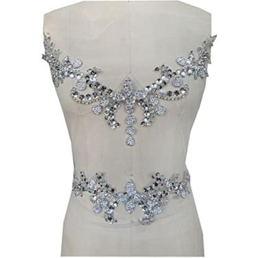 Imagem de wtbv.n Aplique de strass feito à mão em malha branca costurada em miçangas, pedras, remendos, acessório de corte para roupas sociais decote e cinto (prata)