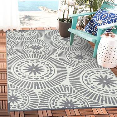 Imagem de Ileading Tapete de plástico reversível para ambientes externos moderno estilo geométrico, tapete impermeável para pátios 1,5 x 2,4 m, tapetes de área de decoração portátil sem queda para deck RV piquenique praia quintal (1,5 m x 2,4 m cinza)
