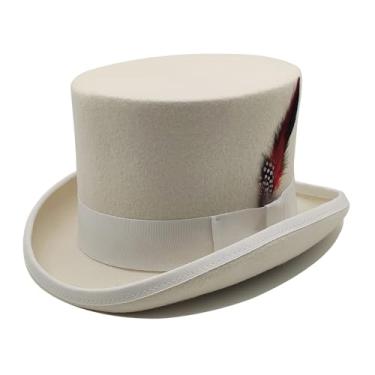 Imagem de Willheoy- Chapéu de lã para homens, chapéu de cetim forrado, chapéu de topo preto, chapéu alto masculino, boné de fantasia de Natal (bege, grande)