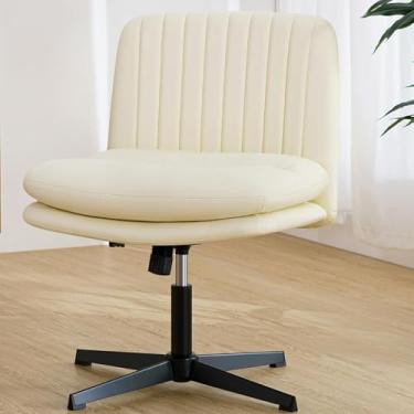 Imagem de HOFFREE Cadeira cruzada de couro para escritório em casa, sem rodas, ergonômica, para mulheres, sem braços, para mesa, creme