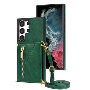 Imagem de Capa de couro para Samsung Galaxy S23 22 21 20 Plus FE Ultra A12 14 51 52 53 54 Pendurar corda Zip Carteira cartão Capa para celular, verde, para Note 20Ultra