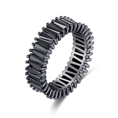 Imagem de Hius Anéis de zircônia cúbica preta para homens e mulheres, anéis empilháveis de eternidade, anéis masculinos de pedras preciosas pretas da moda, Strass, Strass