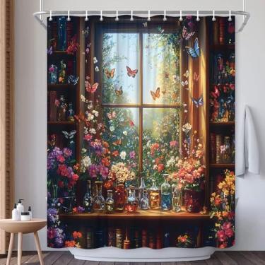 Imagem de EUBTPA Cortina de chuveiro fantasia estufa planta flor borboleta estante mágica garrafa mágica conto de fadas decoração de banho cortinas de tecido poliéster 70x170 polegadas