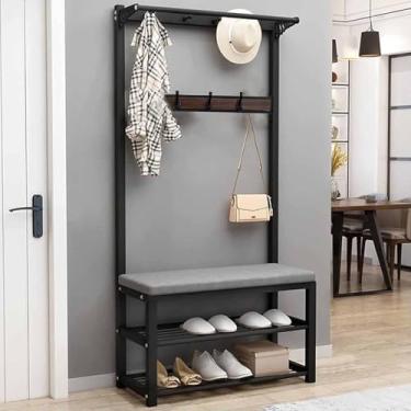 Imagem de Cabideiro, árvore de corredor com banco de sapatos, armazenamento de sapatos de entrada com suporte para casacos, 10 ganchos móveis, armazenamento de sapatos de entrada com suporte para casacos, para
