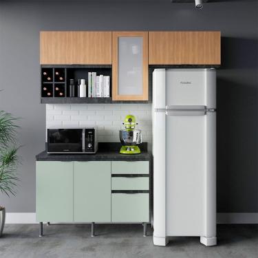 Imagem de Cozinha Compacta Orquídea CZ1202 180cm 03 Peças 05 Portas 03 Gavetas com Divisor de Talheres Mármore Lunar Verde Mar Freijó Tecnomobili