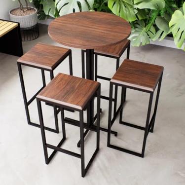 Imagem de Conjunto Mesa Alta Bar Bistrô Redonda 4 Bancos Imbuia Industrial Black