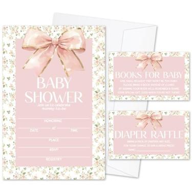 Imagem de Conjunto de convites de chá de bebê com laço floral para meninas, 25 conjuntos de convites de preenchimento com envelopes sorteio de fraldas e cartões de pedido de livro para anúncio de bebê,