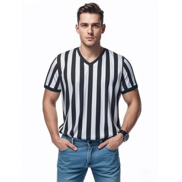 Imagem de ChinFun Camiseta masculina oficial preta e branca listrada árbitro Pro Ref uniforme manga curta jérsei umpire para basquete futebol, Black & White-Short Sleeve V Neck, X-Large