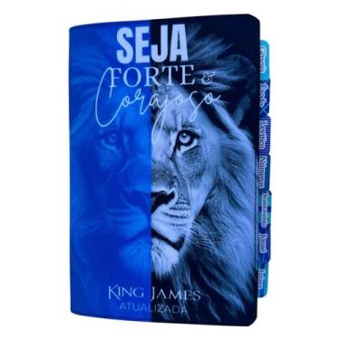Imagem de Bíblia King James Leão azul seja forte e corajoso com Abas adesivas - 
