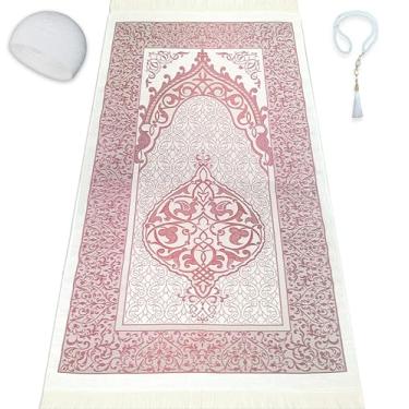 Imagem de Kapobia Tapete de oração muçulmana, contas de oração, chapéu Kufi para homens e mulheres, 100% respirável, crânio, preto, gorro tradicional, tapete de oração, presente Eid, Ramadã, conjunto islâmico,