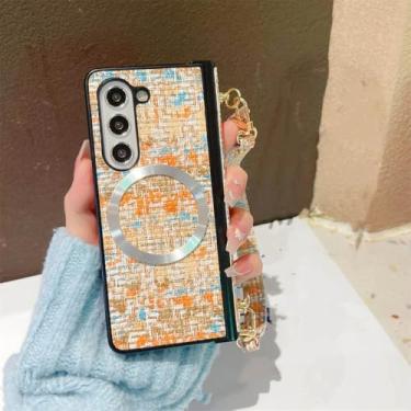Imagem de Capa de telefone magnética de couro com alça de pulso para Samsung Galaxy Z Fold 6 5 4 3 5G, capa protetora com dobradiça de corda de mão, laranja, para Samsung Galaxy Z Fold6