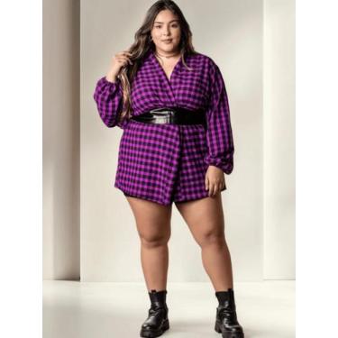 Imagem de Cardigã Feminino Xadrez Plus Size Kimono Manga Longa Camisa Soltinha A