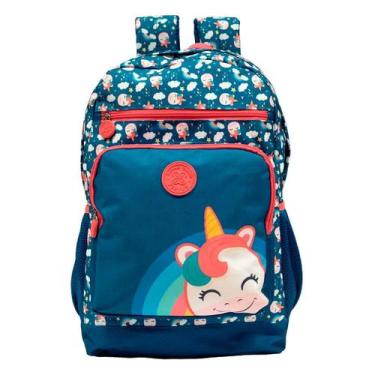 Imagem de Mochila De Costas Escolar Unicornio Rosa E ul - Xeryus