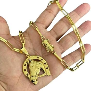 Imagem de Cordão 6Mm Tijolinho + Pingente Ferradura- Banhado A Ouro - Tojoia18K