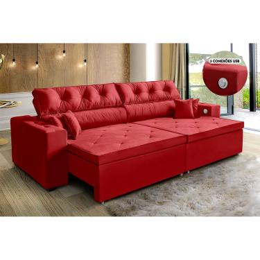 Imagem de Sofá 5 Lugares Retrátil, Reclinável Smart 3,02m Usb Vermelho
