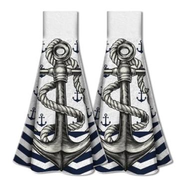 Imagem de WADORN Conjunto de 2 toalhas para pendurar na cozinha âncora náutica, âncoras marinhas, oceano, com gancho de laço, toalhas de amarrar para pendurar, toalha de prato, toalha de chá, 31,5 x 34,3 cm,