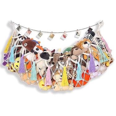 Imagem de R REVOLEURT Rede Ou Para Bichos De Pelúcia Boho - Pendurar Na Parede Ideias Exibir Brinquedos Presente Economizar Espaço No Dia Das Mães Creme